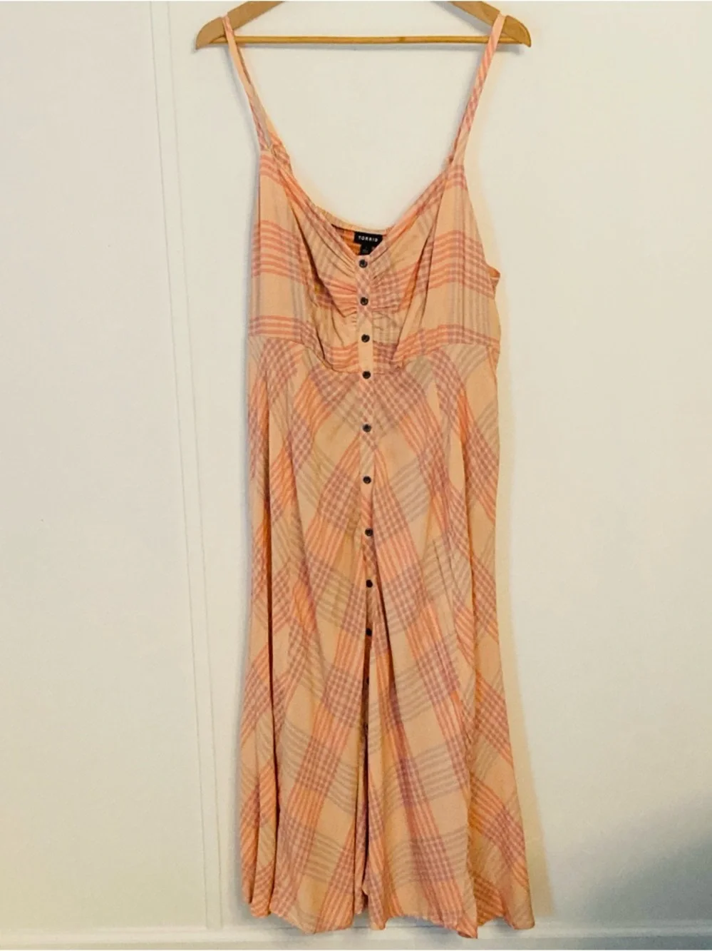 torrid Peach Plaid Challis Button-Front Midi Dress Size 1X Sleeveless - Picture 6 of 16